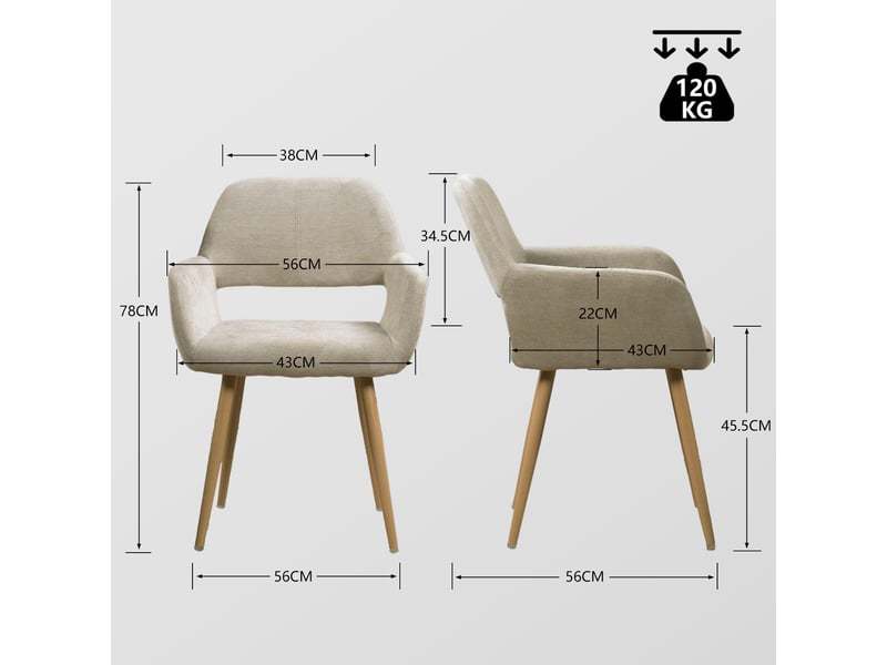 Lot de 6 chaises de salle à manger fauteuil assise rembourrée en tissu, pieds en métal effet bois, style scandinave, beige