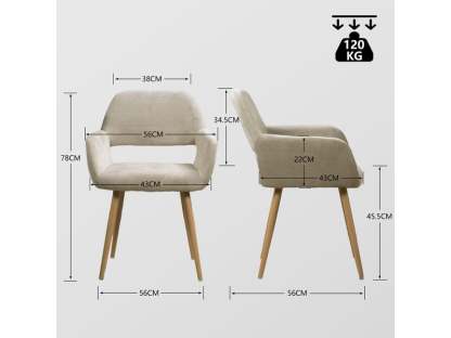 Lot de 6 chaises de salle à manger fauteuil assise rembourrée en tissu, pieds en métal effet bois, style scandinave, beige