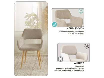 Lot de 6 chaises de salle à manger fauteuil assise rembourrée en tissu, pieds en métal effet bois, style scandinave, beige