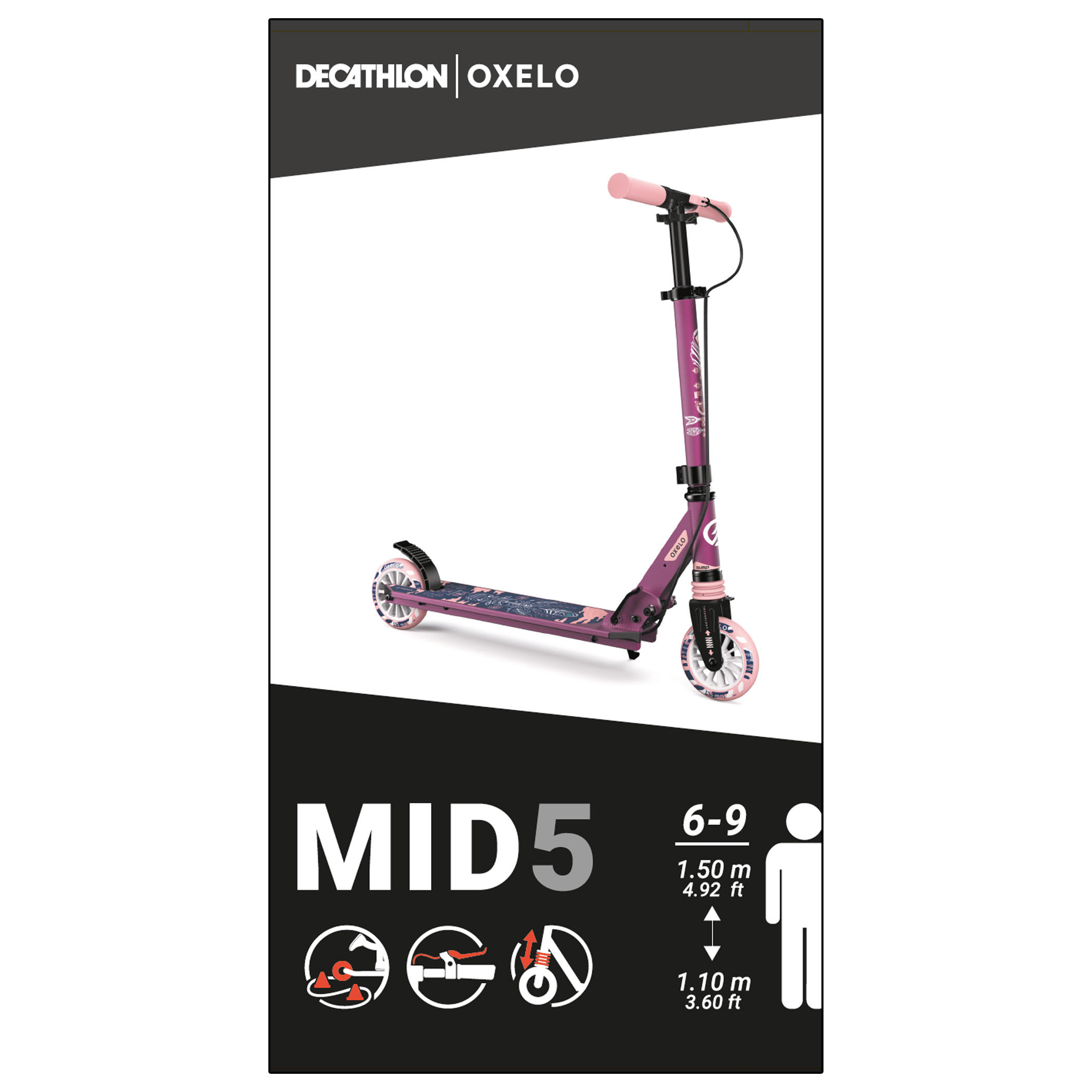 OXthtELO Trottinette enfant mid5 avec frein au guidon et suspension violette