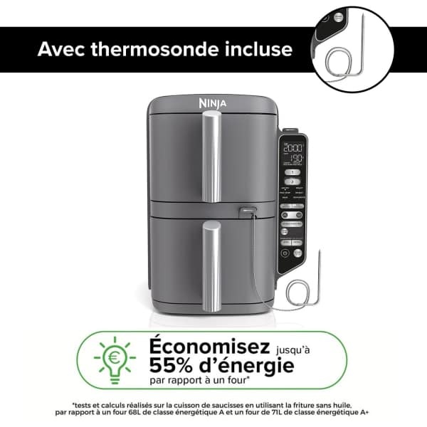 Air Fryer Ninthtja Double Stack XL 2 tiroirs superposés 6-en-1, 9,5 L avec thermosonde, Gris SL451EU