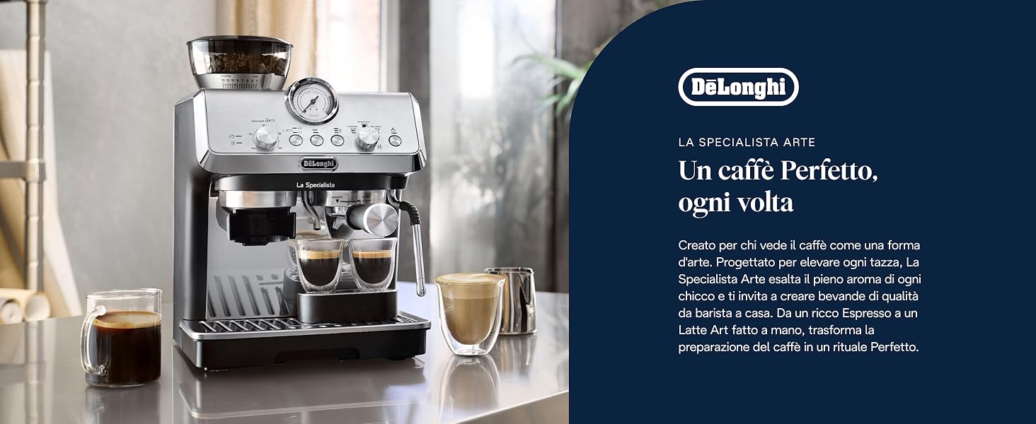 Il testo dice 'Image 5', 'DeLonghi'. Serie di immagini di macchine da caff&egrave; che mostrano una macchina per caff&egrave; espresso cromata con varie funzioni di erogazione e cottura a vapore.