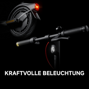 Il testo recita &laquo;KRAFTVOLLE BELEUCHTUNG&raquo;. Dispositivo nero con indicatore luminoso LED rosso illuminato visualizzato da pi&ugrave; angolazioni su sfondo scuro.