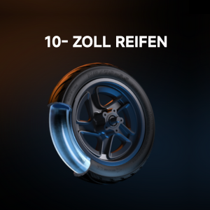 Il testo recita &laquo;10- ZOLL REIFEN&raquo;. Immagine ravvicinata del prodotto che mostra un componente metallico nero di una ruota o di uno pneumatico su sfondo scuro.