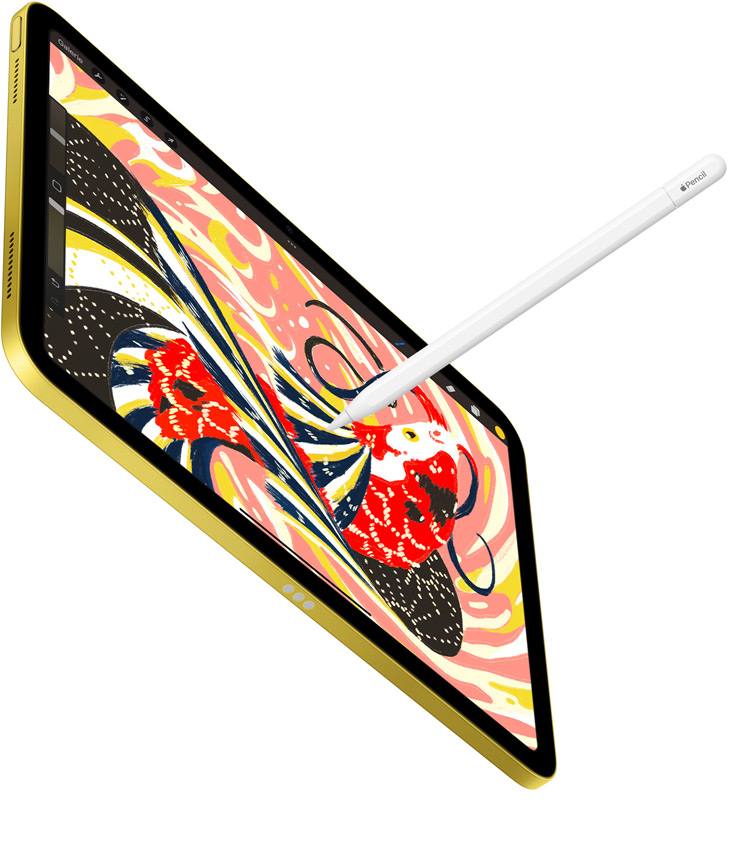 iPad affichant une illustration color&eacute;e repr&eacute;sentant un poisson dans l&rsquo;app Procreate tandis qu&rsquo;un Apple Pencil dessine sur l&rsquo;iPad