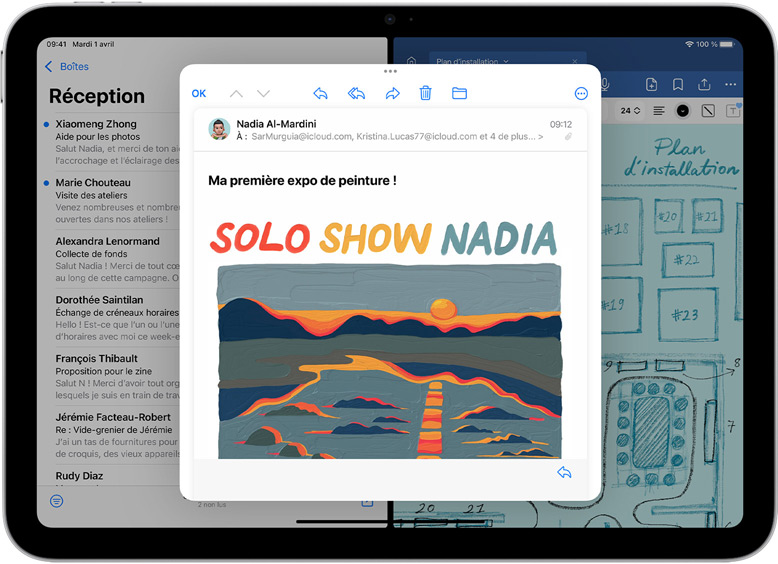Mail et GoodNotes c&ocirc;te &agrave; c&ocirc;te sur un iPad. Un e-mail est ouvert dans une fen&ecirc;tre distincte.