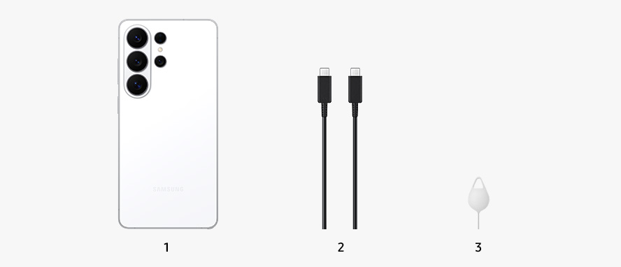 Contenu de la bo&icirc;te du Samsung Galaxy S26 Ultra. De gauche &agrave; droite &agrave; l'avant : 1) Vue arri&egrave;re du Galaxy S26  2) C&acirc;ble de recharge USB-C vers USB-C noir, et 3) Outil d'&eacute;jection de la carte SIM.