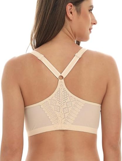 Triumph-4 sztuki ✨Biustonosz Racerback z Zapięciem z Przodu dla Kobiet w Dużych Rozmiarach – Pełne Pokrycie, Koronkowe Wykończenie