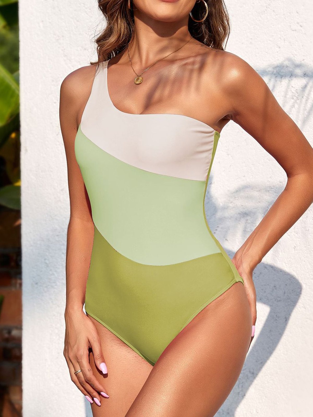 One-Shoulder Color Block One-Piece Swimsuit-OAKWEA