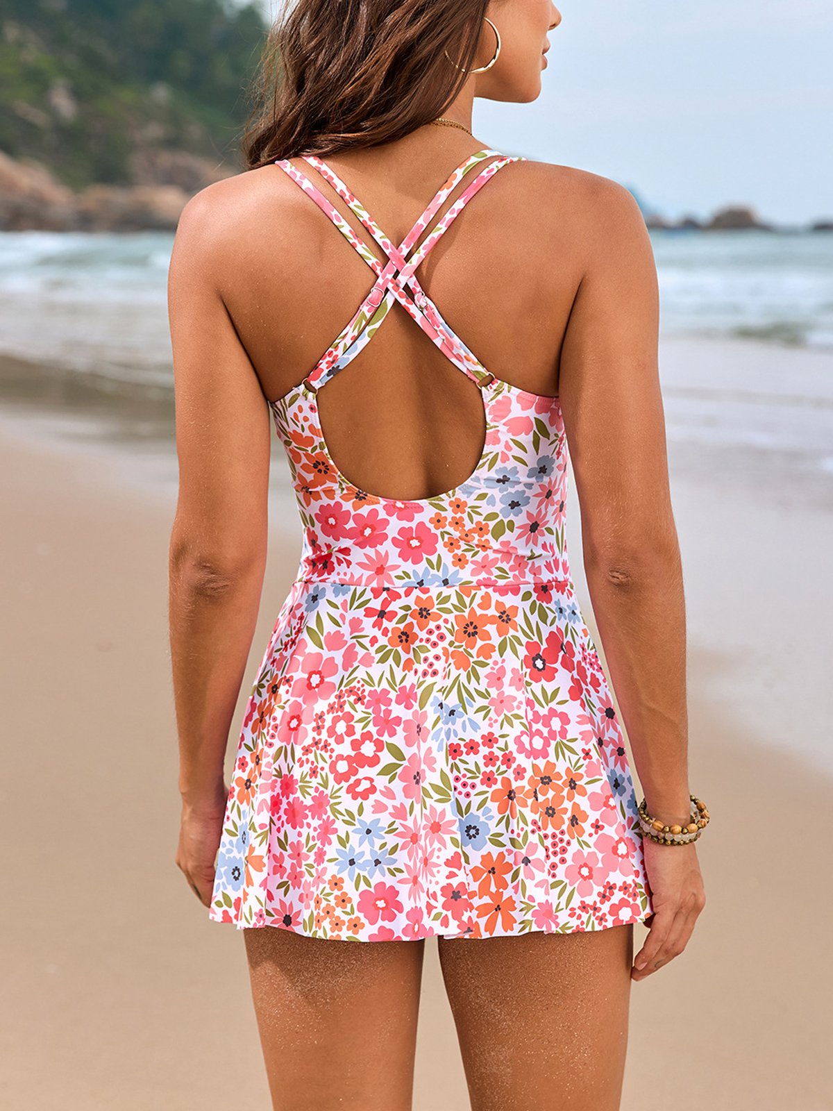 Tropical Floral Drawstring Cross Back Dress One-Piece Swimsuit-OAKWEA