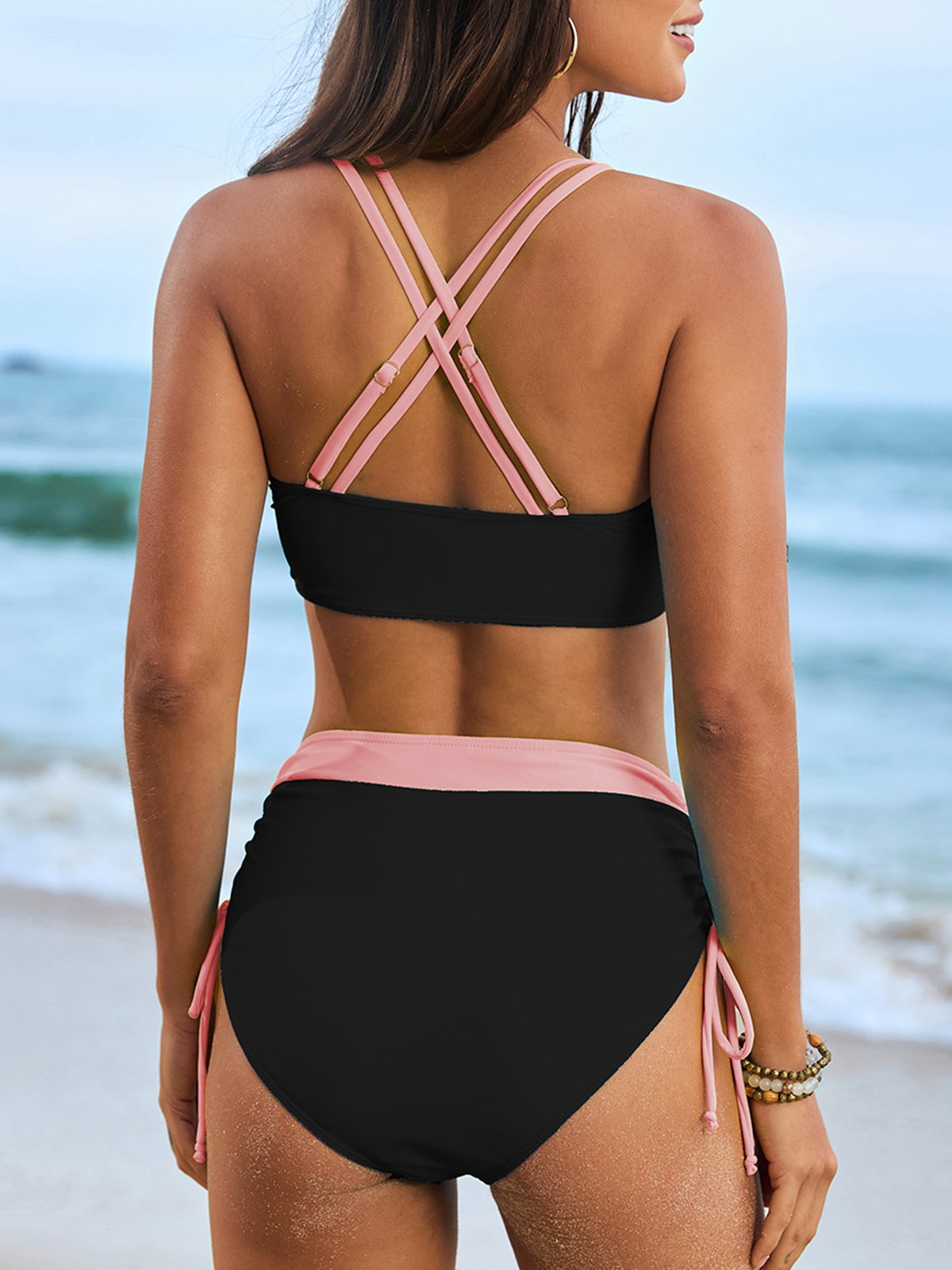 Black And Pink Patchwork Drawstring Tank Top Bikini Set-OAKWEA
