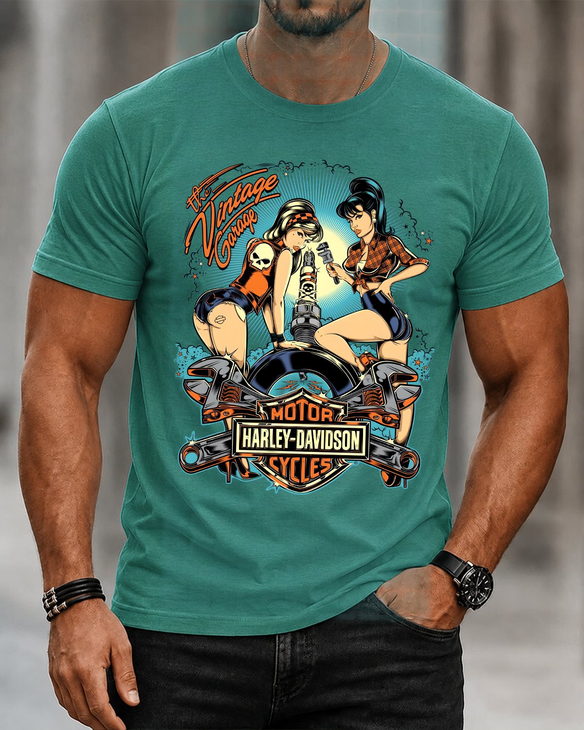 Okwea® Vintage Biker-Print Crew-Neck Short-Sleeve T-Shirt