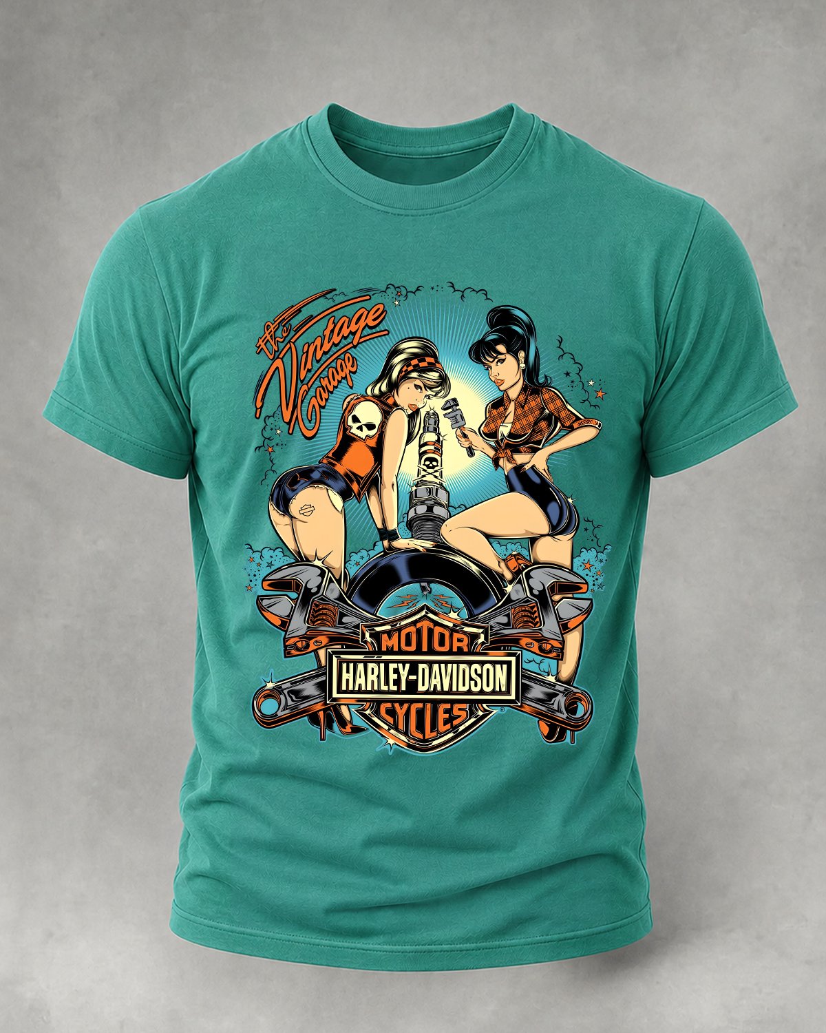 Okwea® Vintage Biker-Print Crew-Neck Short-Sleeve T-Shirt