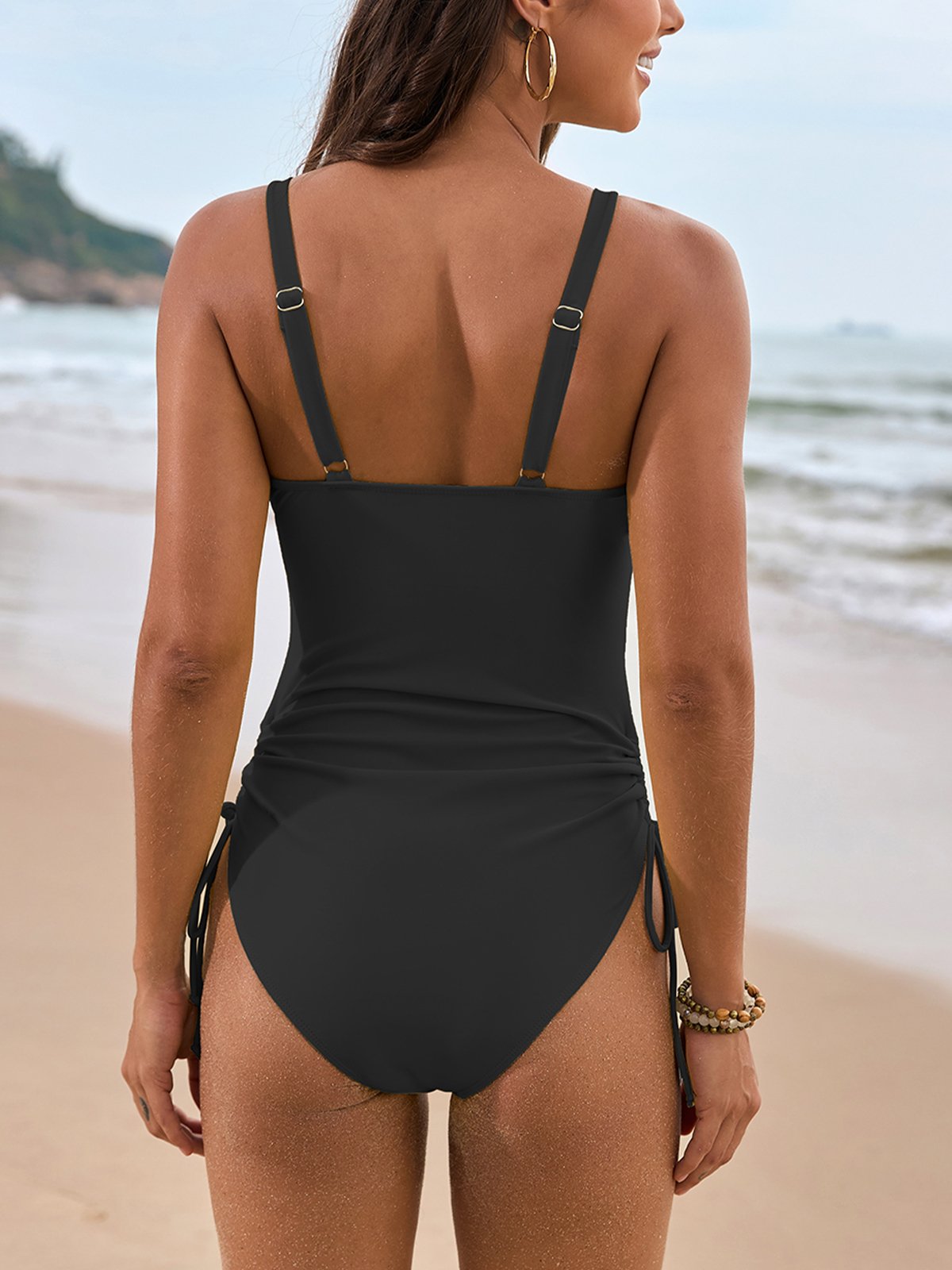 Solid Color Mesh Splicing V-Neck One-Piece Swimsuit-OAKWEA