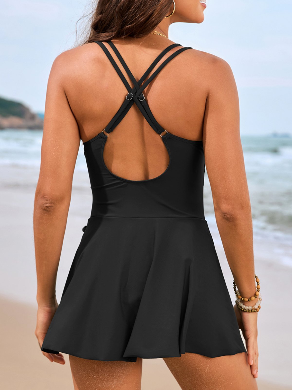 Black Drawstring Cross Back One-Piece Swimsuit-OAKWEA