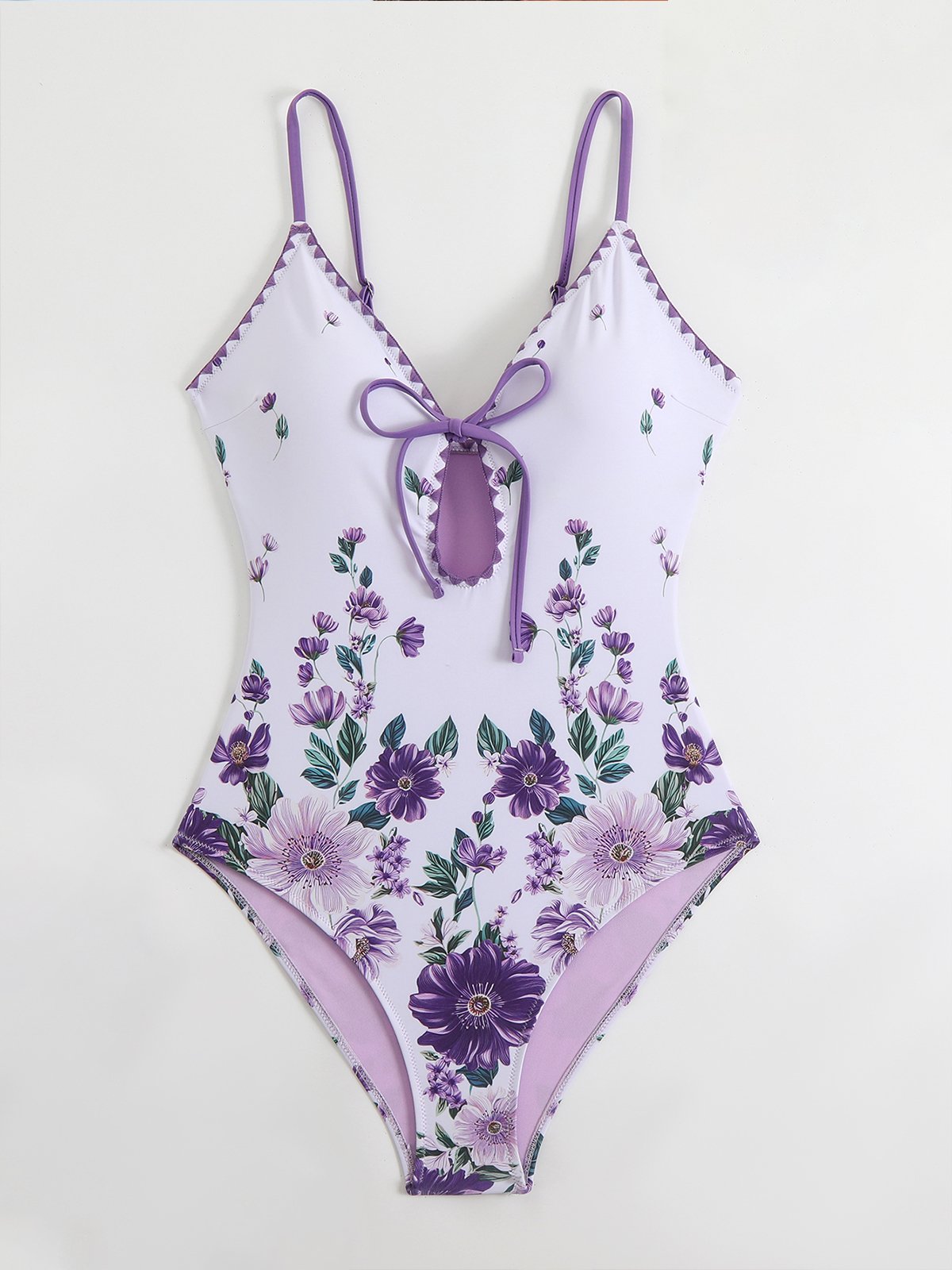 V-neck Floral Shell-Trimmed Purple Colorblock One-piece Swimsuit-OAKWEA