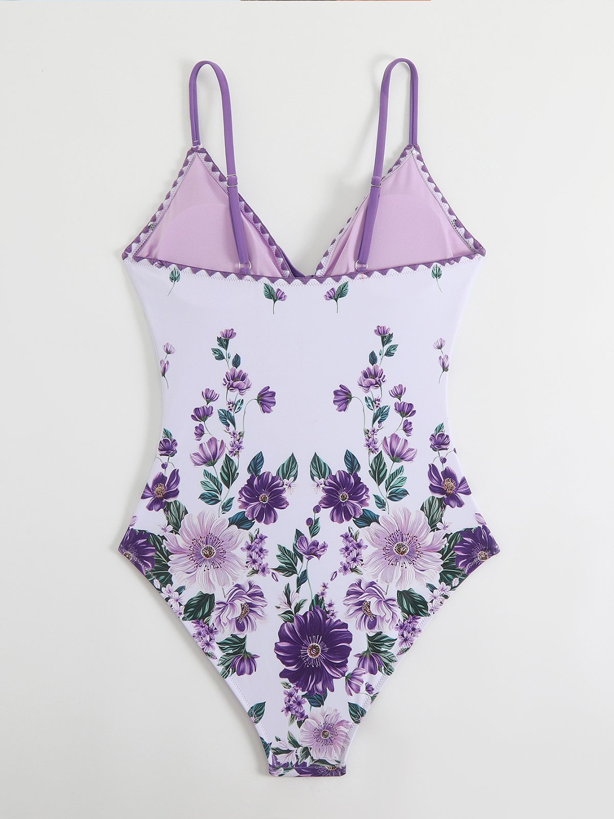 V-neck Floral Shell-Trimmed Purple Colorblock One-piece Swimsuit-OAKWEA