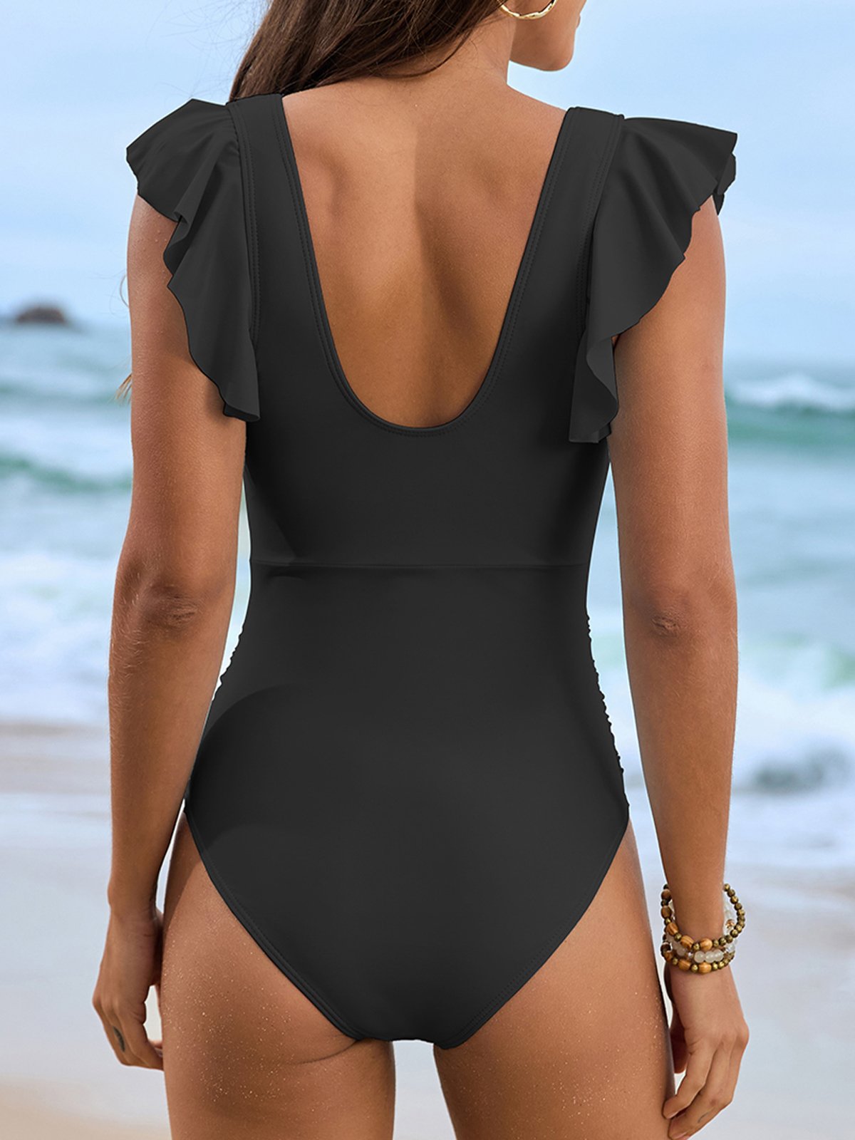 Solid Color Mesh Stitching Ruffle Sleeve One-Piece Swimsuit-OAKWEA