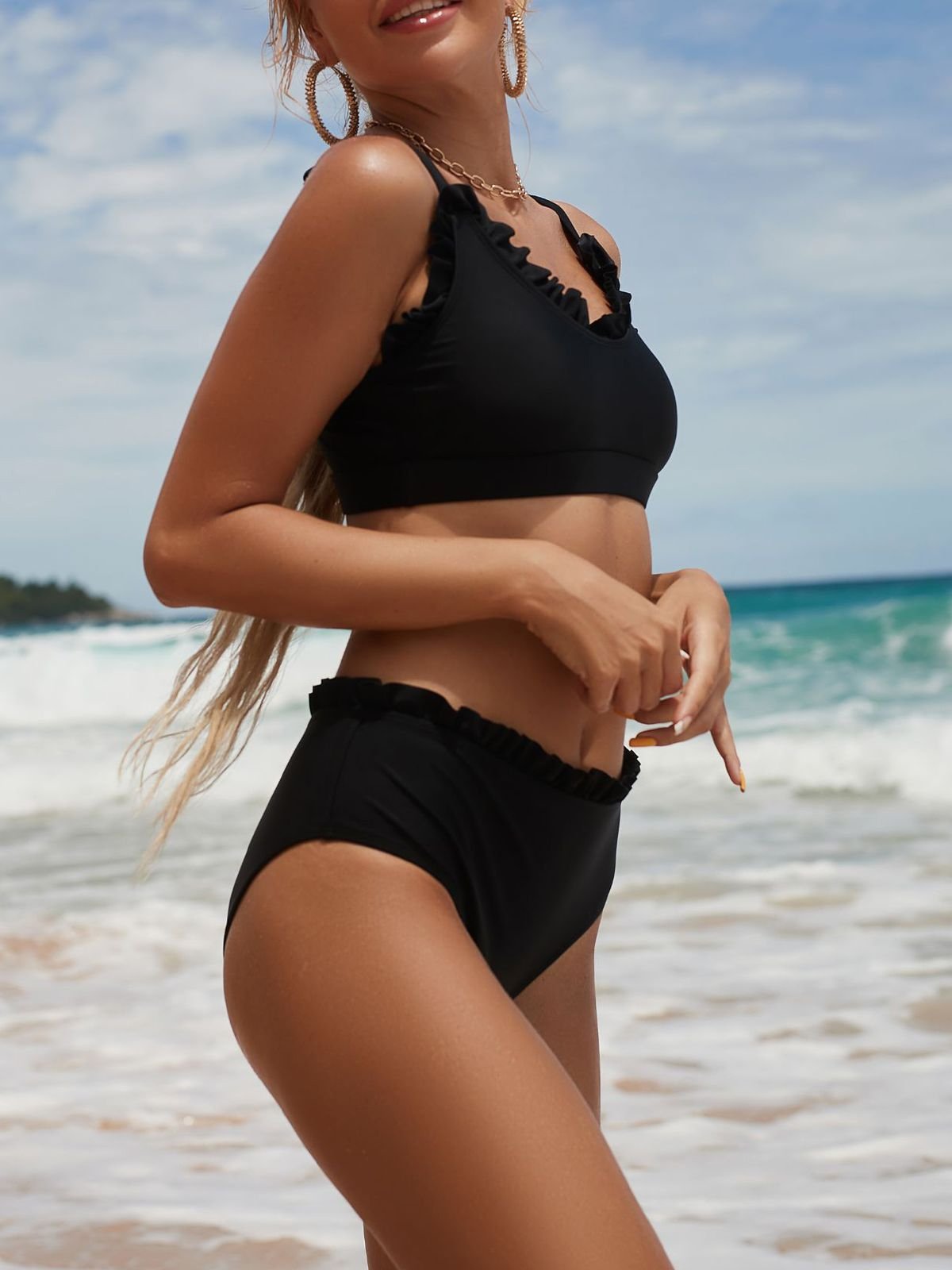 Solid Color Wavy Edge Tank Top Bikini Set-OAKWEA