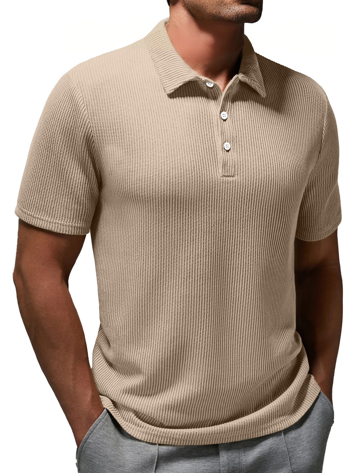 Oakwea® Basic Casual Fashion Solid Color Striped Short Sleeved Polo Shirt Stretch Comfortable Camping Pullover Polo Shirt Big Tall
