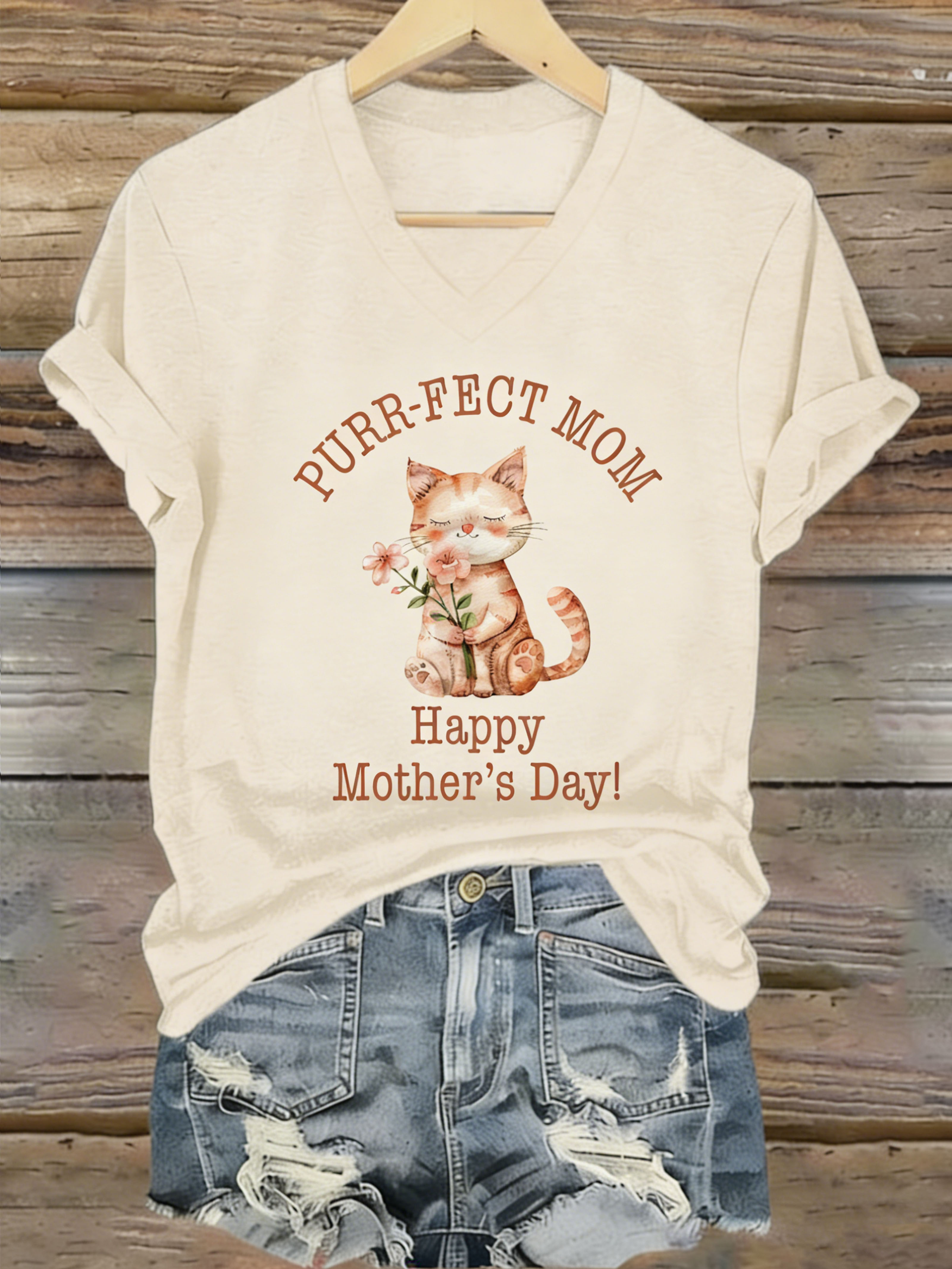 Purr-fect Mom Cute Cat Flower Mother's Day V-Neck Short Sleeve T-Shirt
