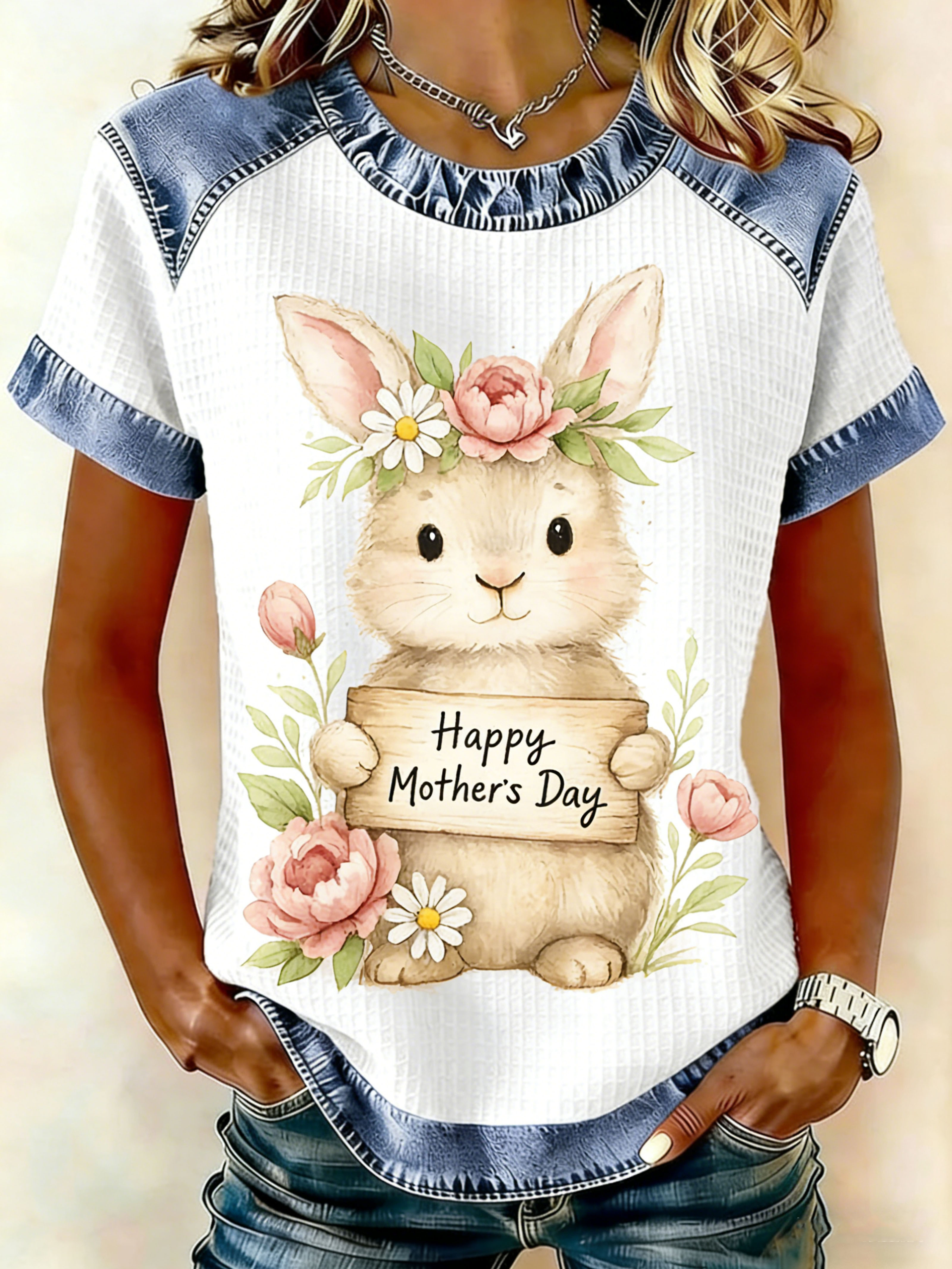 Cute Bunny Sign Mother's Day Denim Patchwork Crew Neck T-Shirt