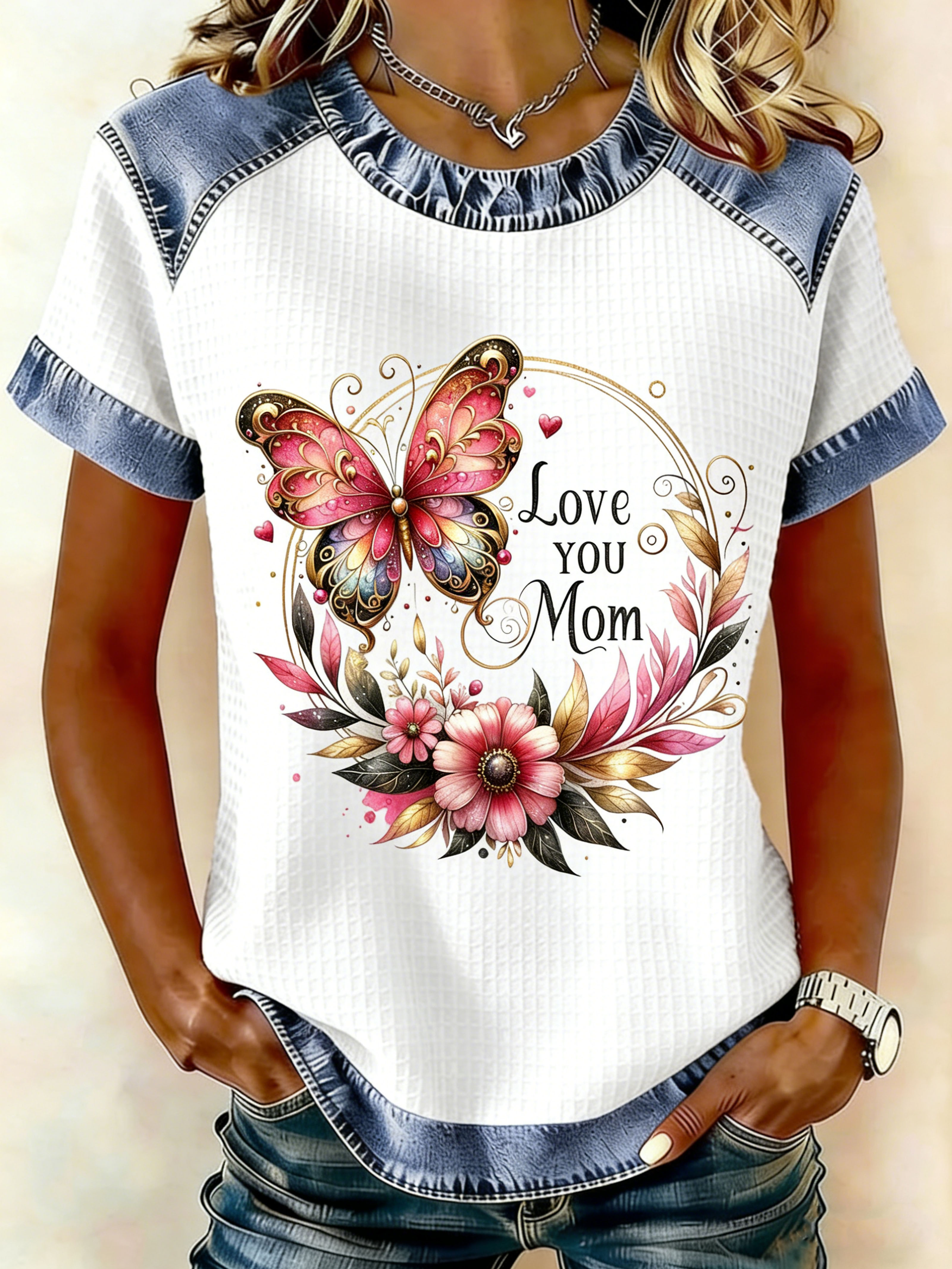 Butterfly Wreath Love You Mom Denim Patchwork Crew Neck T-Shirt
