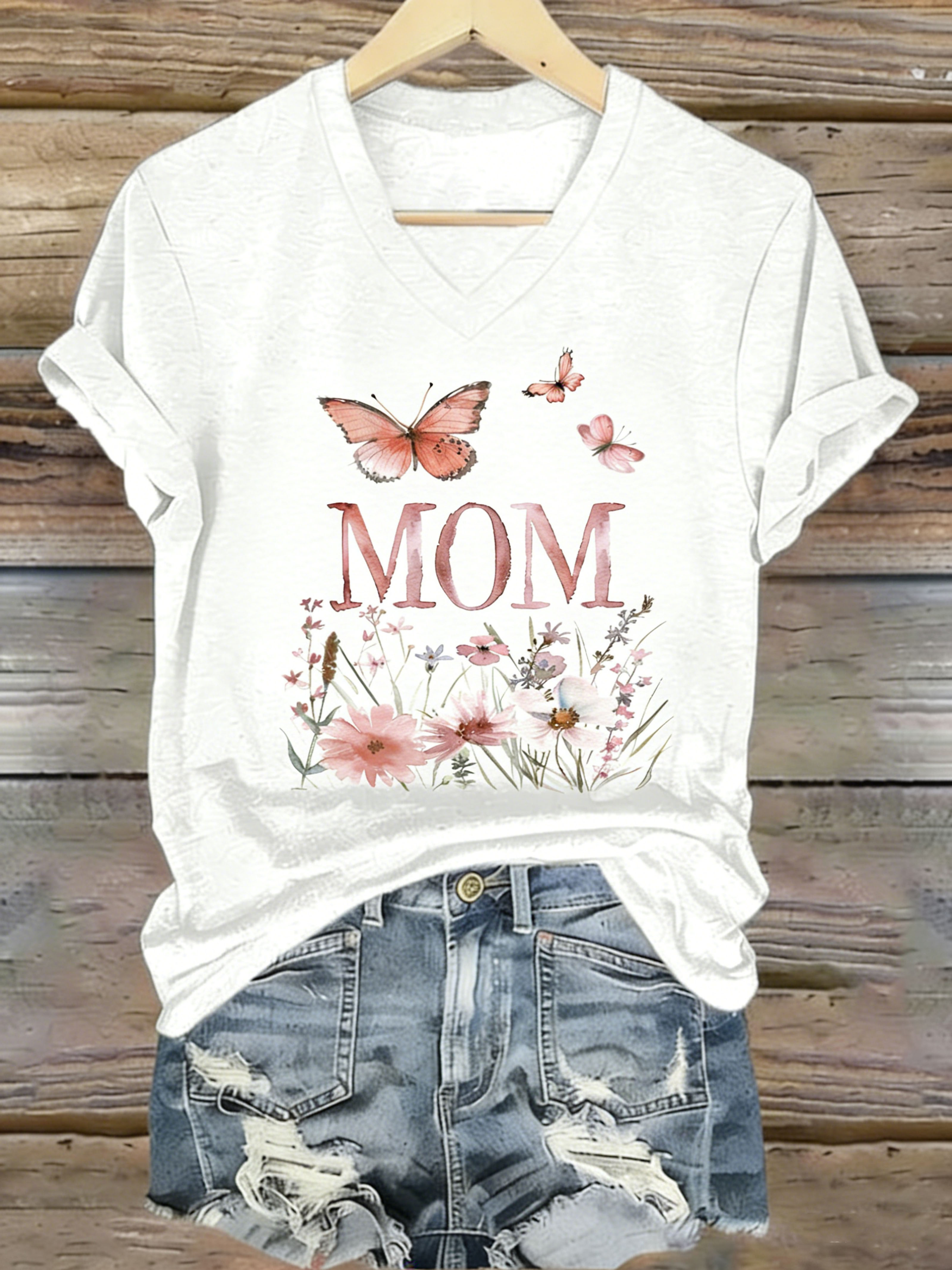 Watercolor Butterfly Wildflower "MOM" V-Neck Short Sleeve T-Shirt