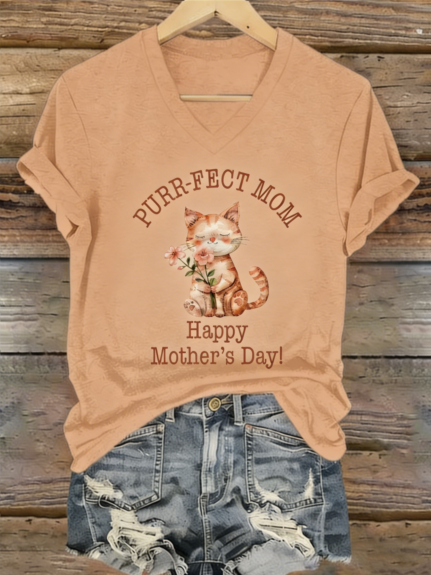 Purr-fect Mom Cute Cat Flower Mother's Day V-Neck Short Sleeve T-Shirt