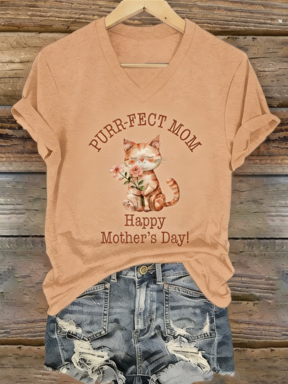 Purr-fect Mom Cute Cat Flower Mother's Day V-Neck Short Sleeve T-Shirt