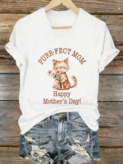 Purr-fect Mom Cute Cat Flower Mother's Day V-Neck Short Sleeve T-Shirt