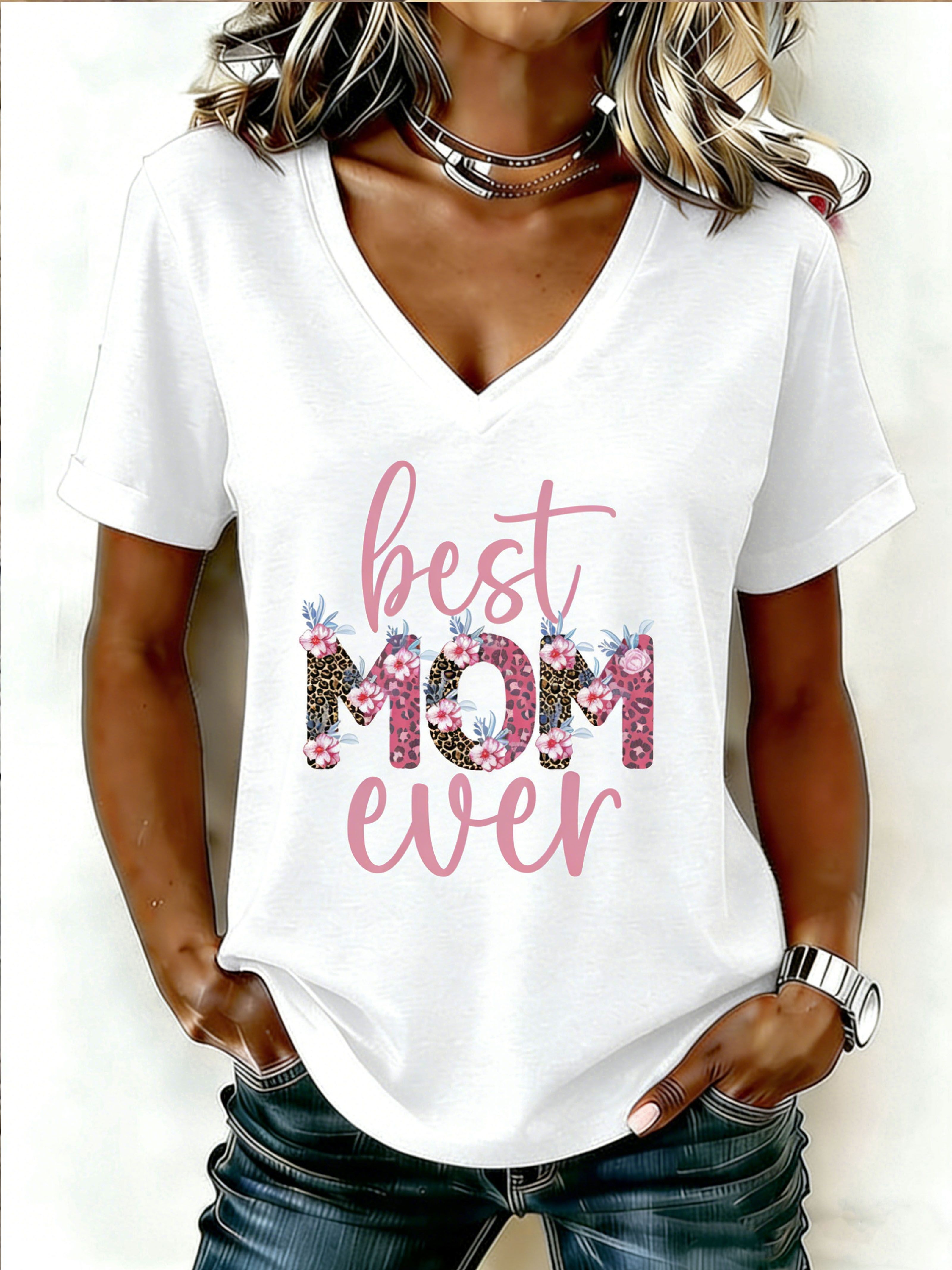 Best Mom Ever Leopard Floral V-Neck Short Sleeve T-Shirt