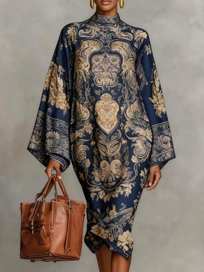 Contrast Color Printed Long Sleeves Loose Mock Neck Midi Dresses