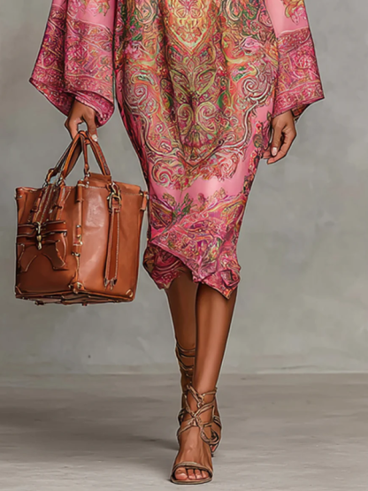 Contrast Color Printed Long Sleeves Loose Mock Neck Midi Dresses