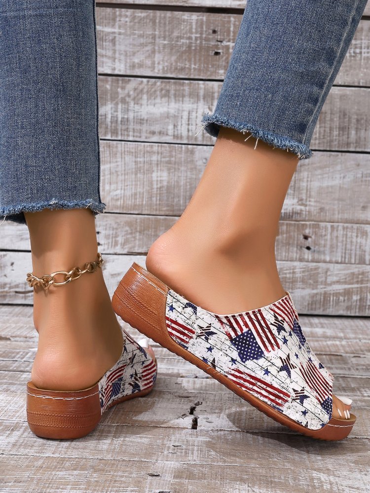 Summer Vintage Pu America Flag Wedge Sandal
