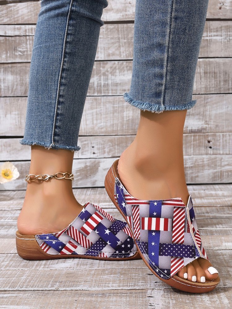 Summer Vintage Pu America Flag Wedge Sandal