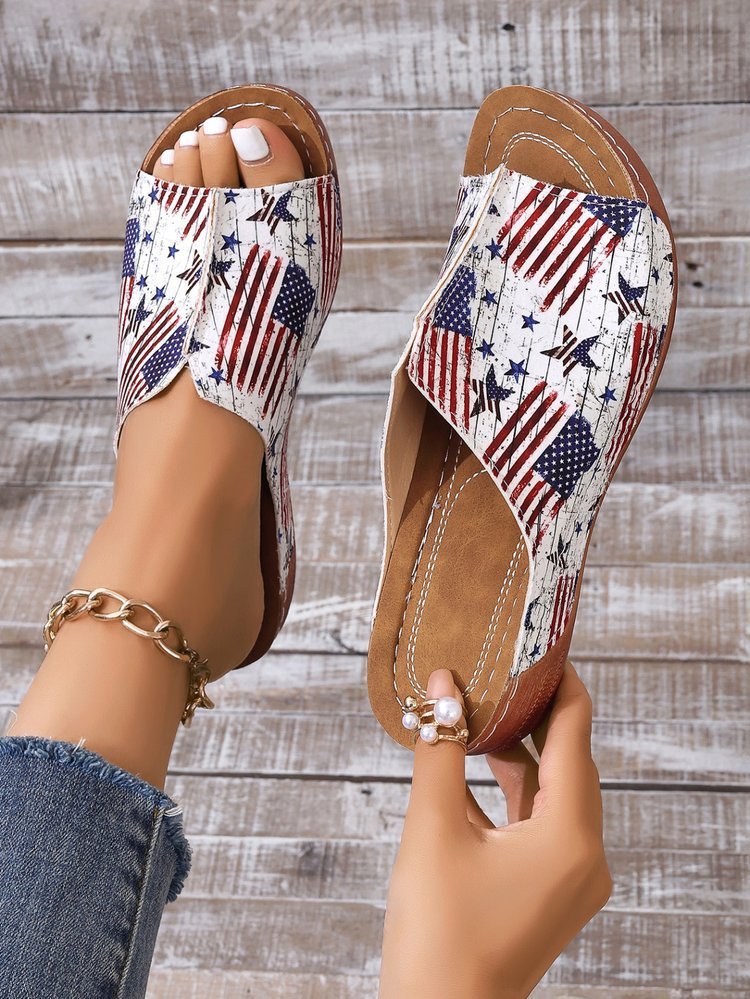 Summer Vintage Pu America Flag Wedge Sandal