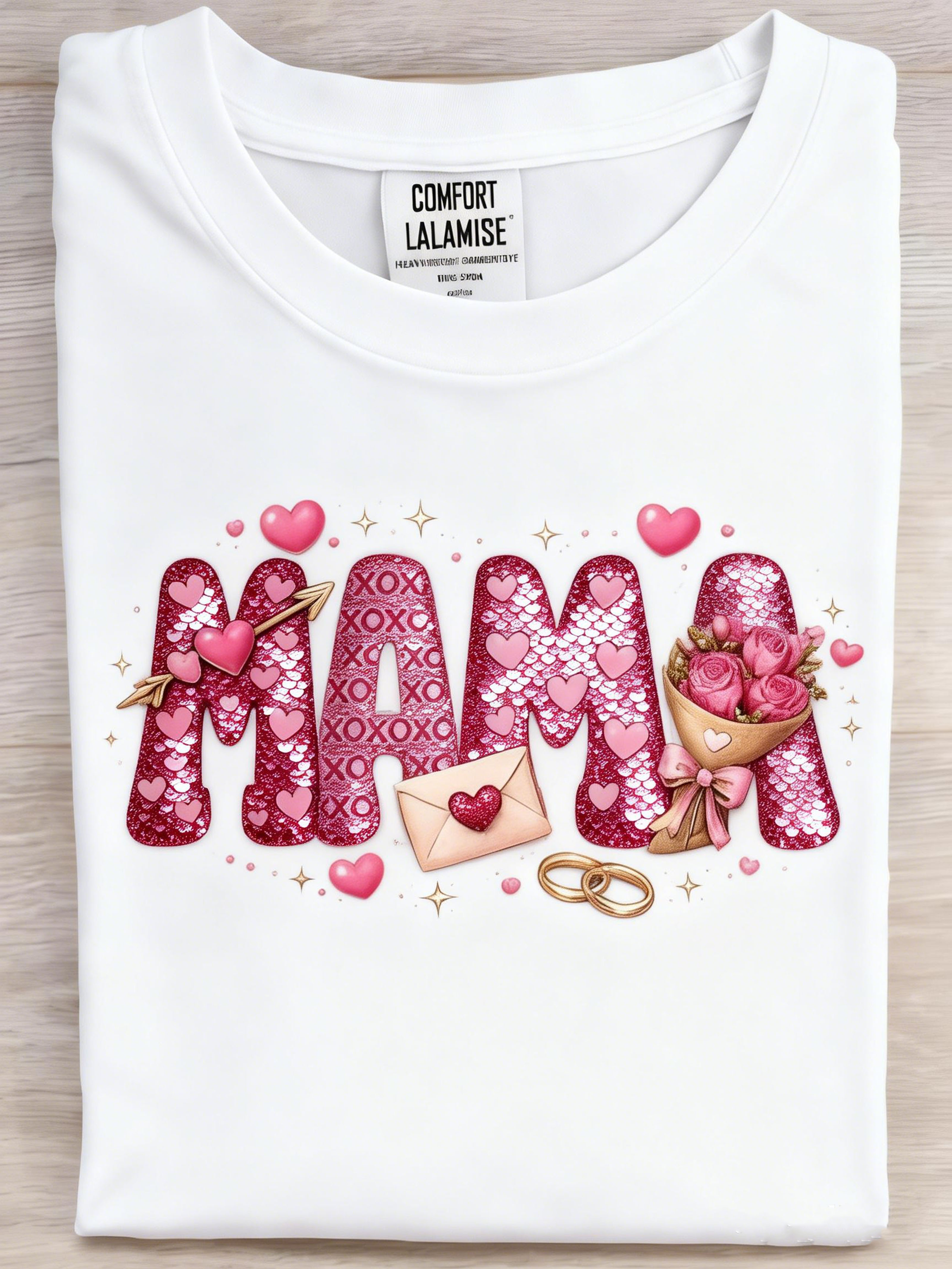 MAMA Glitter Heart Mother's Day Crew Neck Comfort T-Shirt