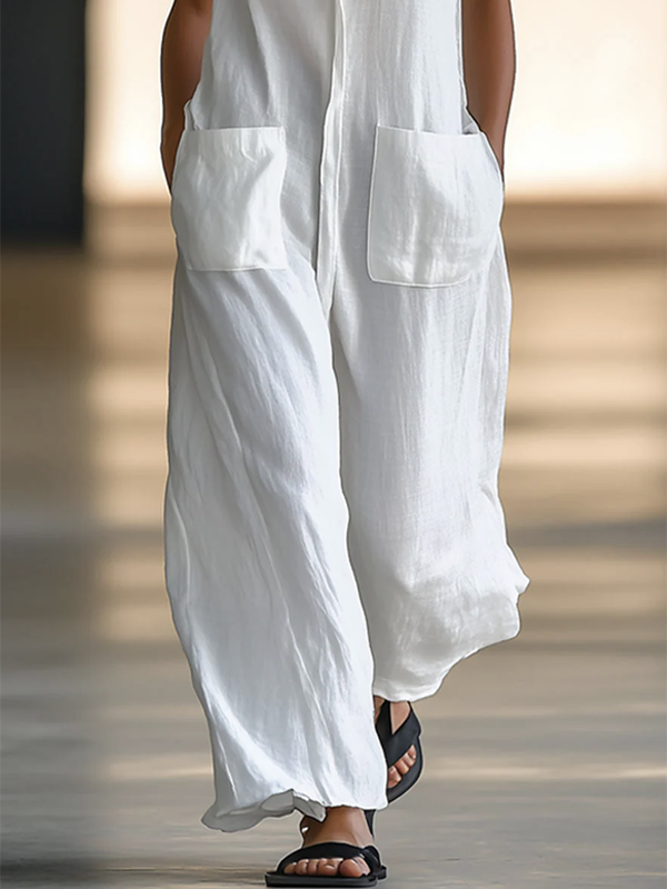 Solid Color Split-Joint Loose Sleeveless Round-neck Jumpsuits