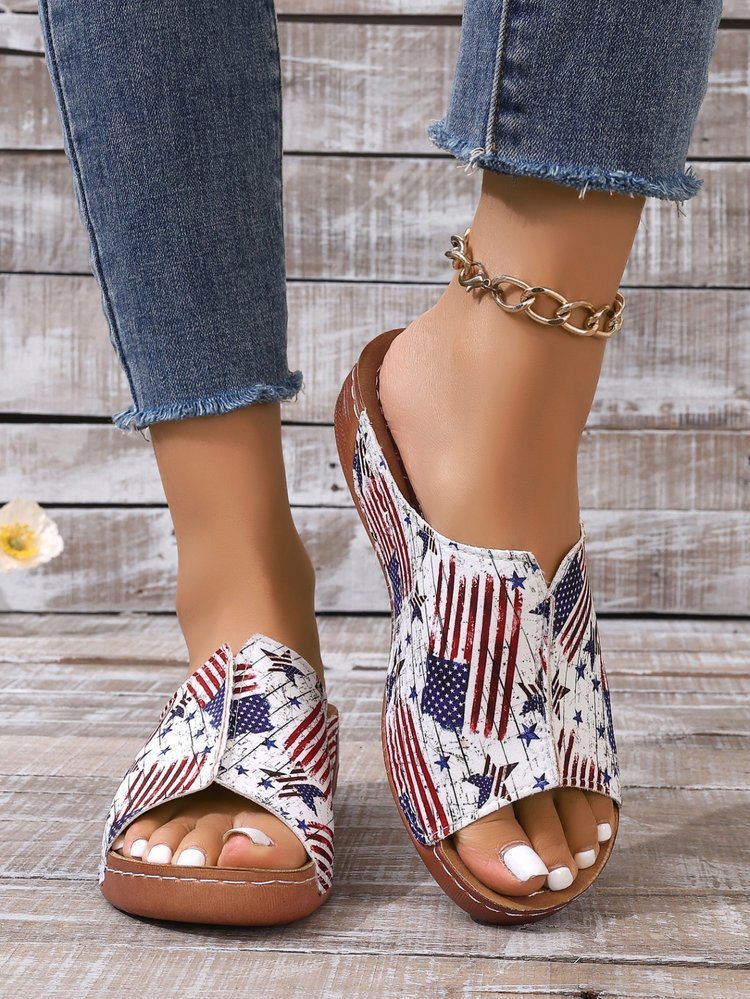 Summer Vintage Pu America Flag Wedge Sandal