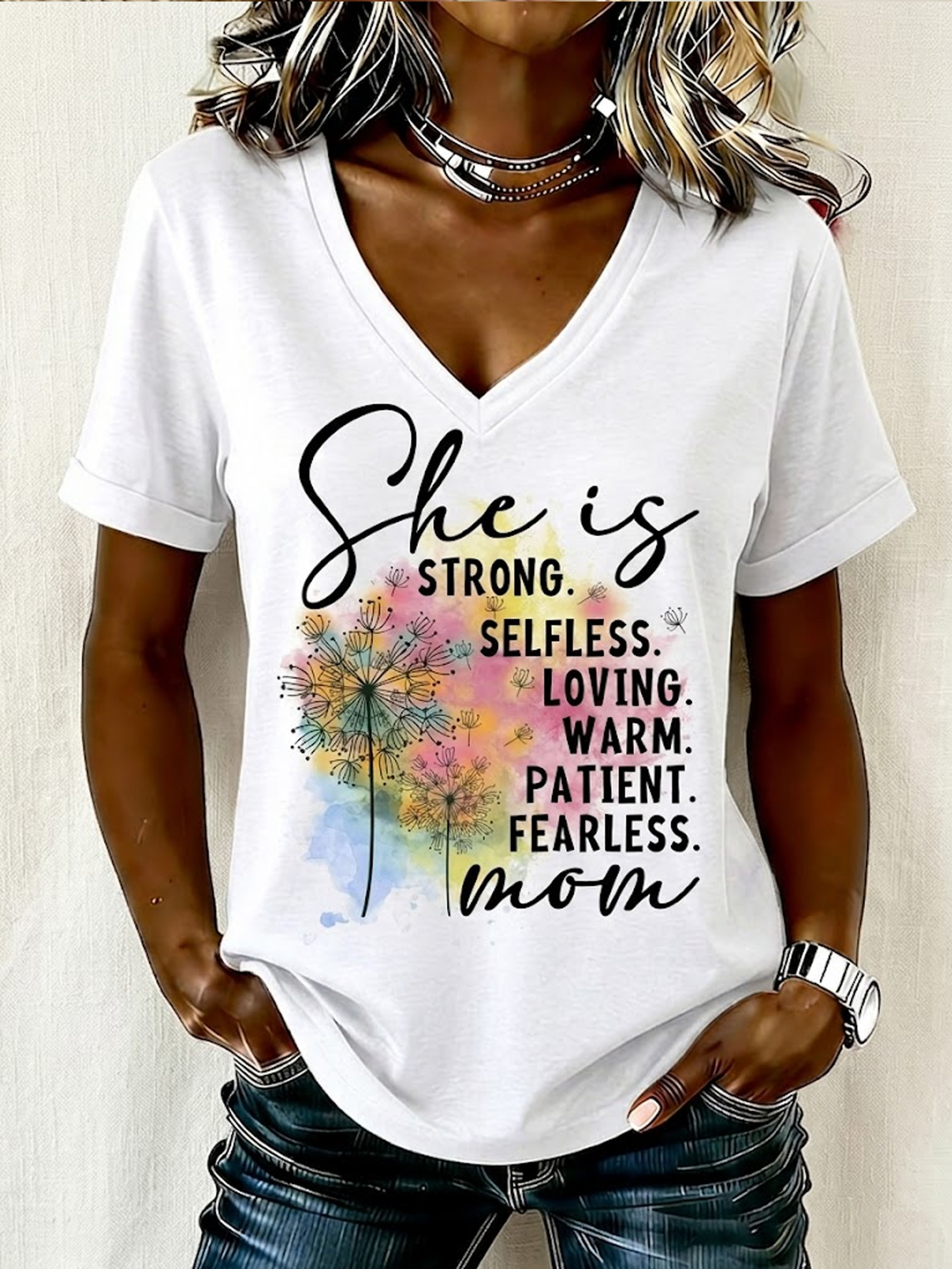 Dandelion Watercolor Mom's Virtues Praise V-Neck Short Sleeve T-Shirt