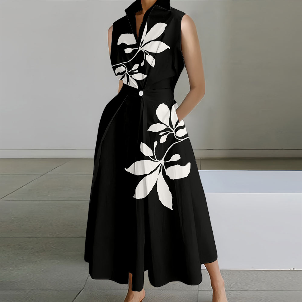 Flower Printed Sleeveless Lapel Collar Pocket Maxi Dresses