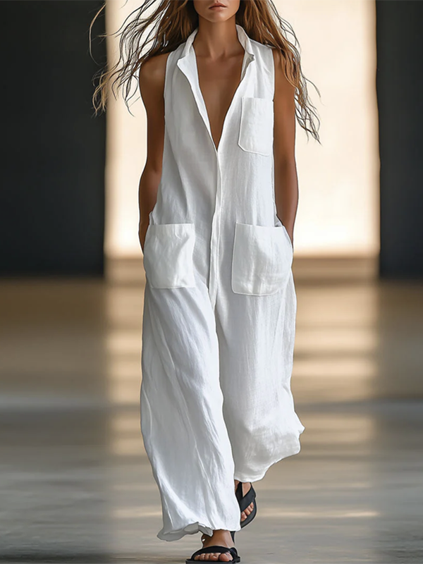 Solid Color Split-Joint Loose Sleeveless Round-neck Jumpsuits