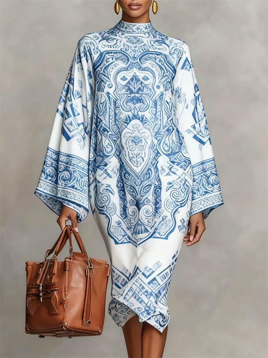 Contrast Color Printed Long Sleeves Loose Mock Neck Midi Dresses