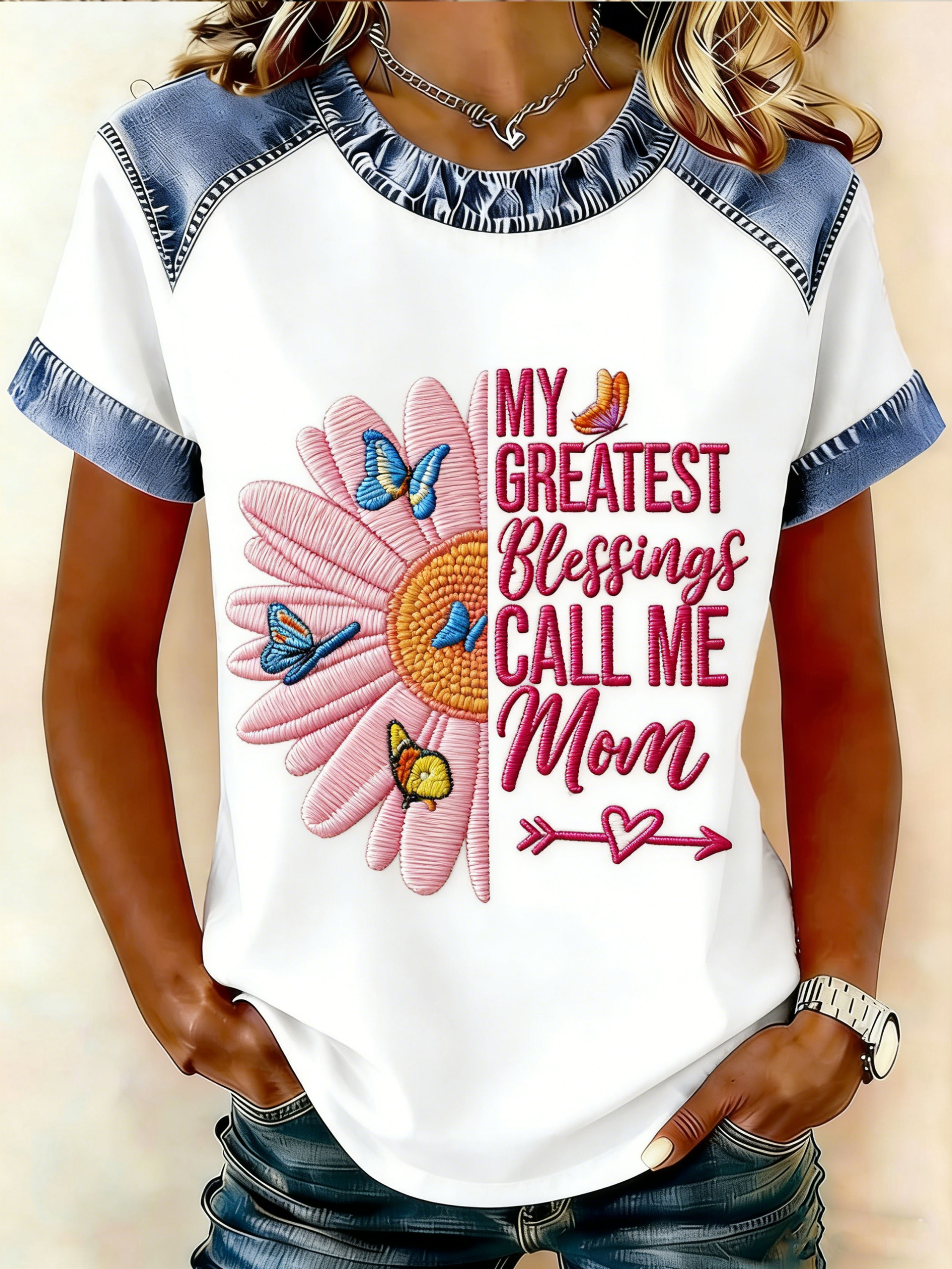 Daisy Butterfly My Greatest Blessings Call Me Mom Denim Patchwork T-Shirt