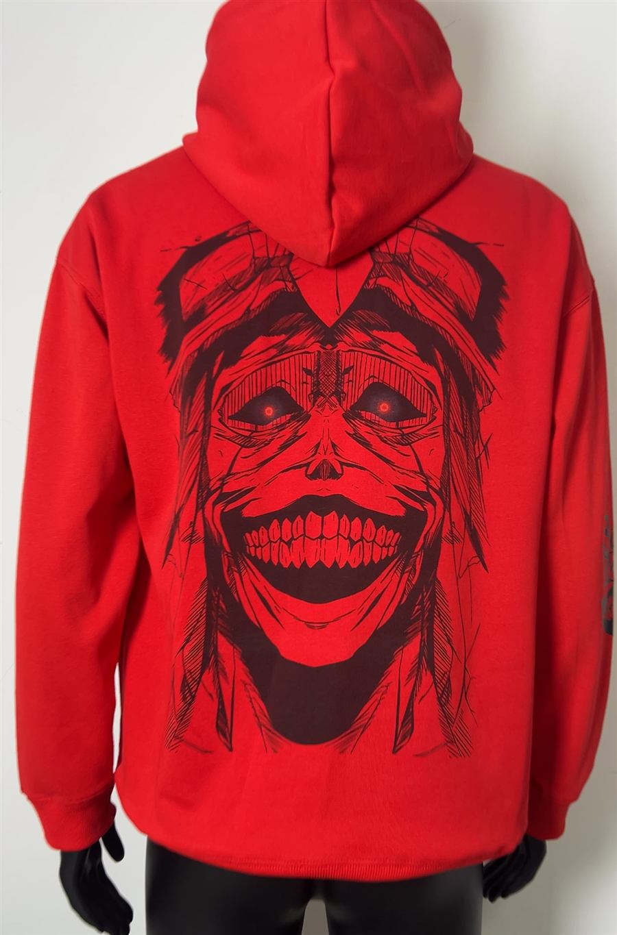 Red hoodie back view, real product photo