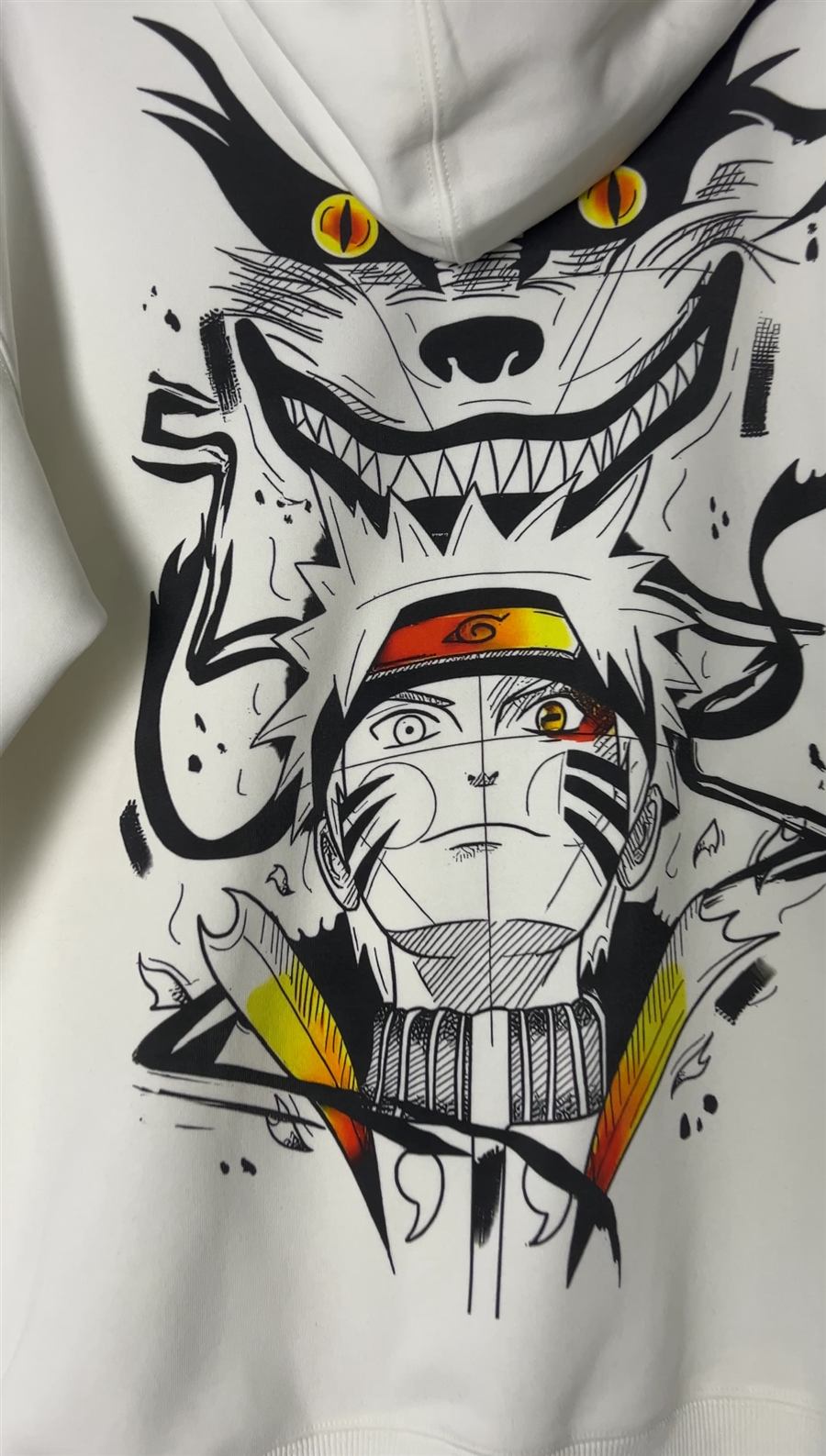 White hoodie front graphic, real product photo