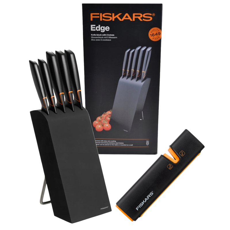FISKARS ZESTAW KOMPLET 5 NOŻY NOŻE KEUCHENNE OSTRE W DREWNIANYM BLOKU EDGE
