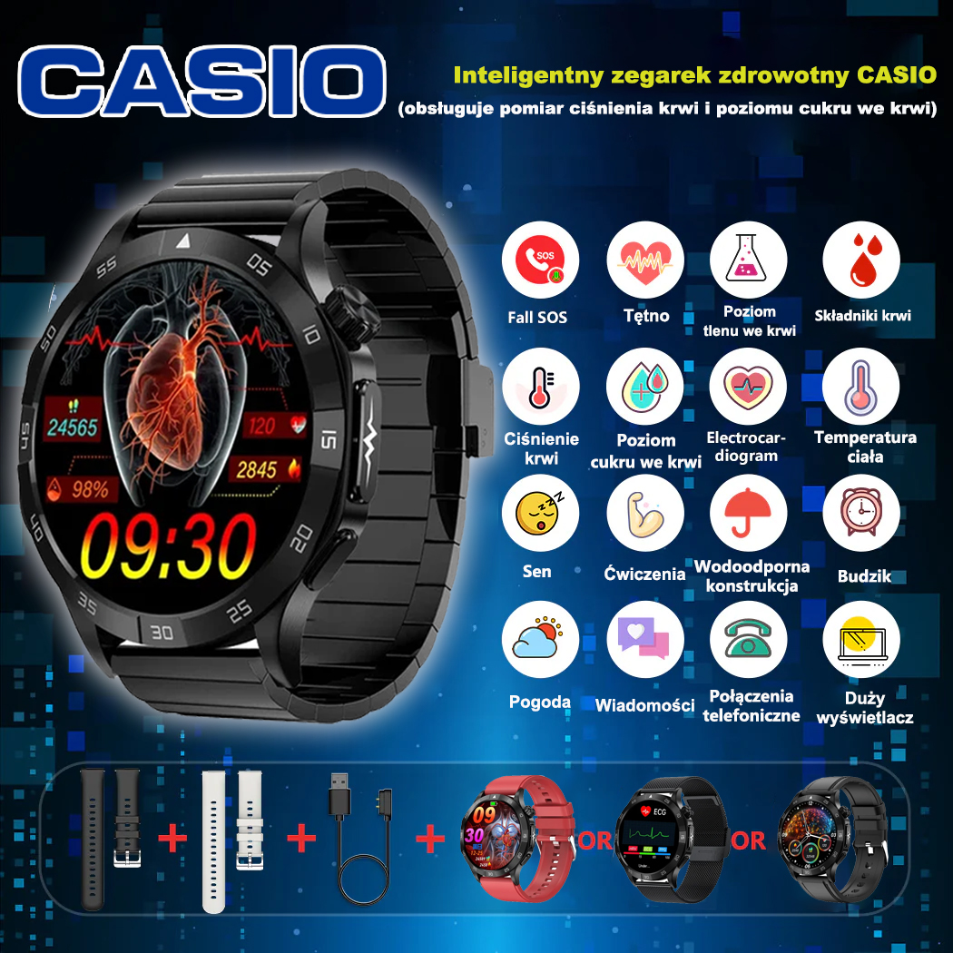 ⌚️ Wersja ulepszona 2026! Nowy inteligentny zegarek zdrowotny CASIO — obsługuje pomiar poziomu cukru i ciśnienia krwi, rozmowy Bluetooth oraz zawiera 2 darmowe paski 🎁📞