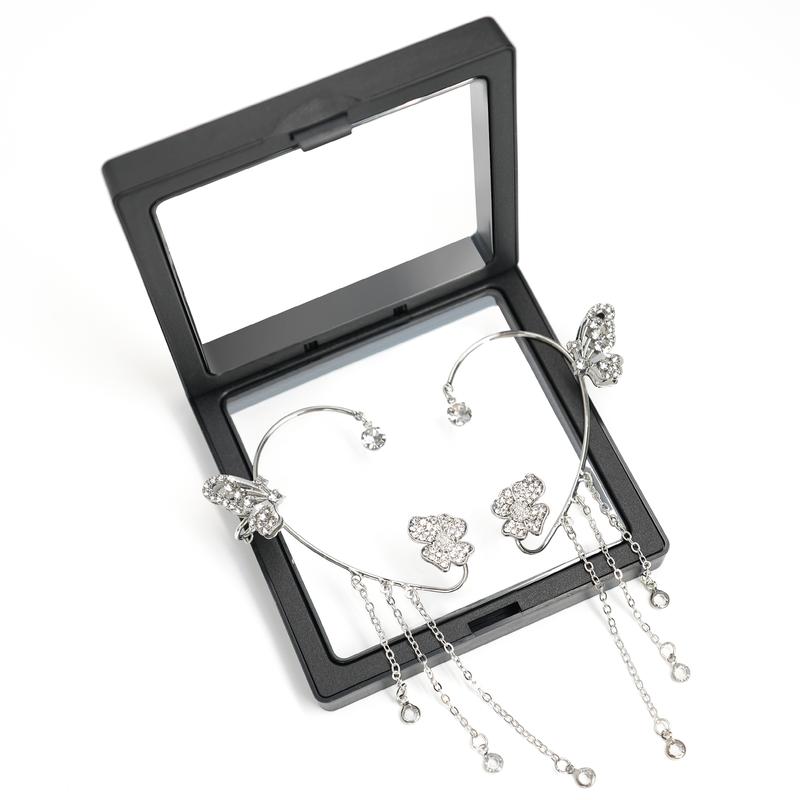 2szt Kolczyki motyle dla kobiet Modne, kwiatowe klipsy z frędzlami na srebrnym złotym uroku CubicZirconia Dainty No Piercing Wrap Butterfly Gifts EarFor Girls